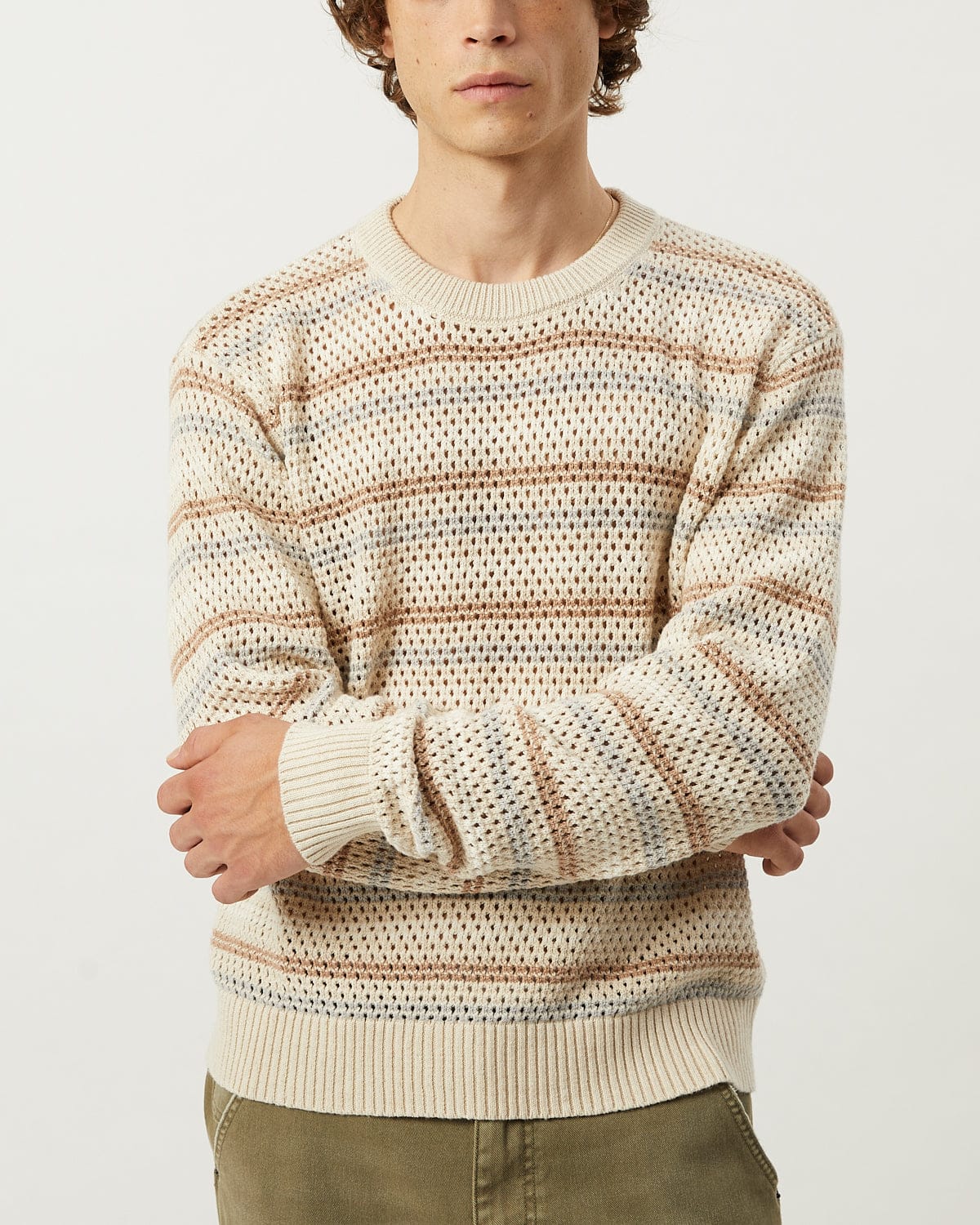 Linen Stripe Pointelle Crewneck