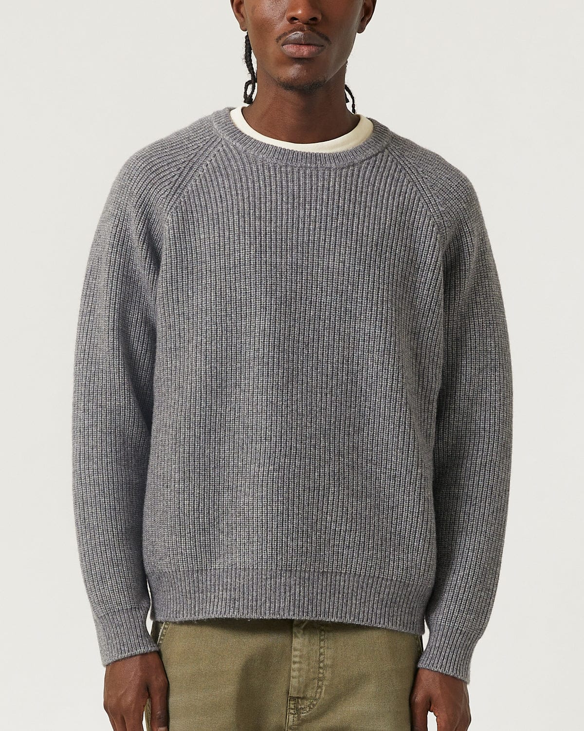 Wool Cashmere Ribbed Crewneck - Grey - Image 4